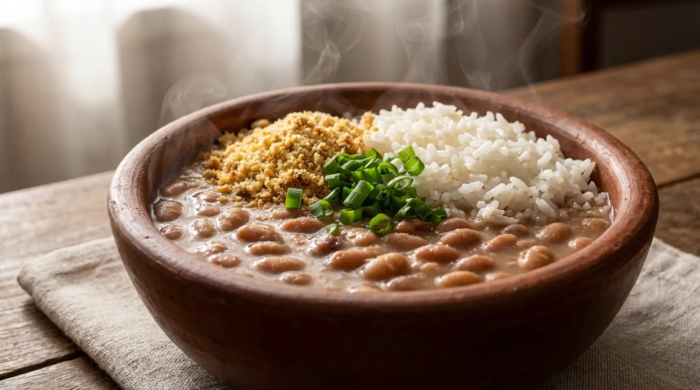 Feijão temperado perfeito cremoso servido com arroz e farofa