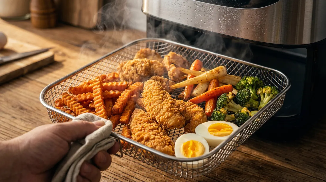 Guia completo para iniciantes na Air Fryer mostrando diferentes alimentos crocantes