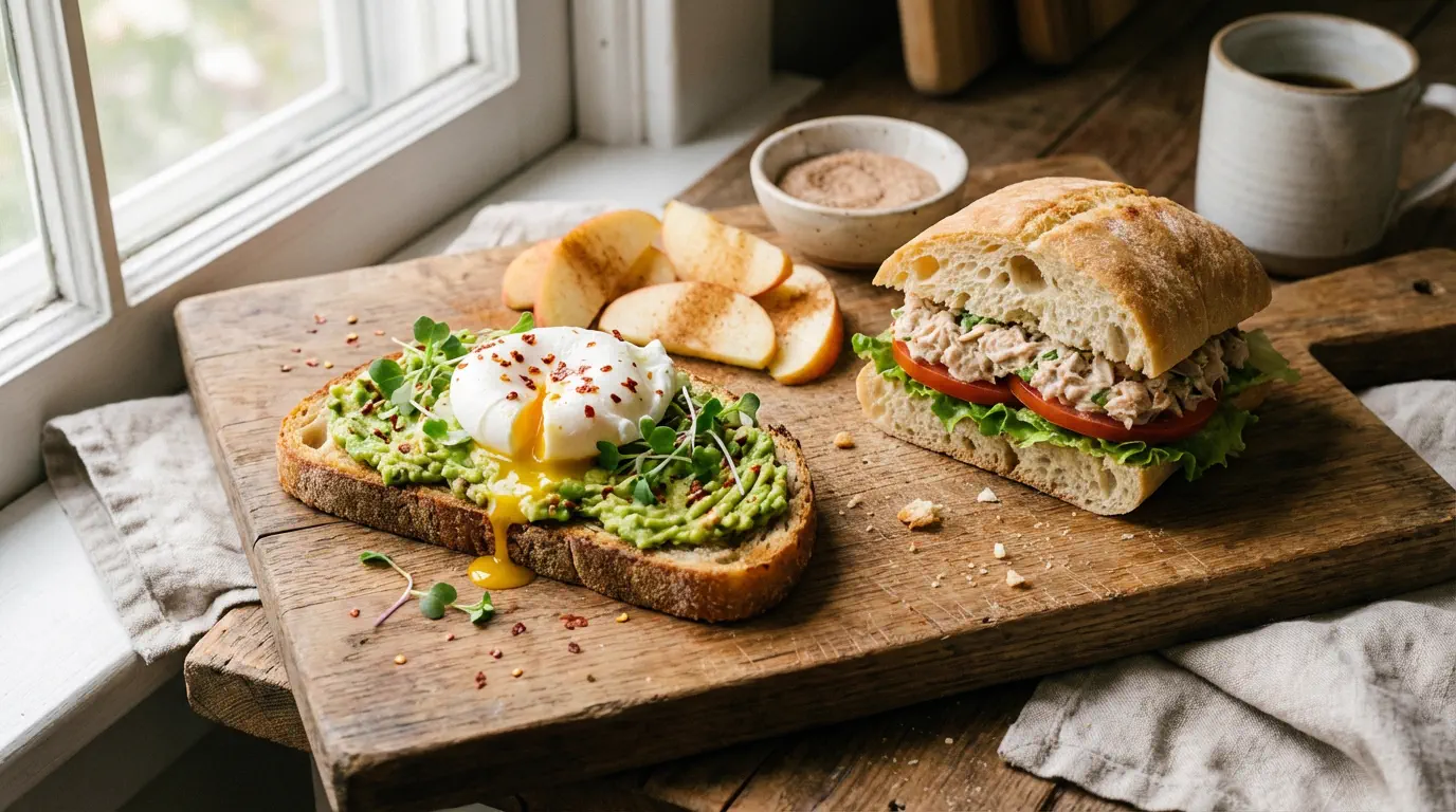 Lanches rápidos para qualquer hora do dia com frutas, ovos e torradas