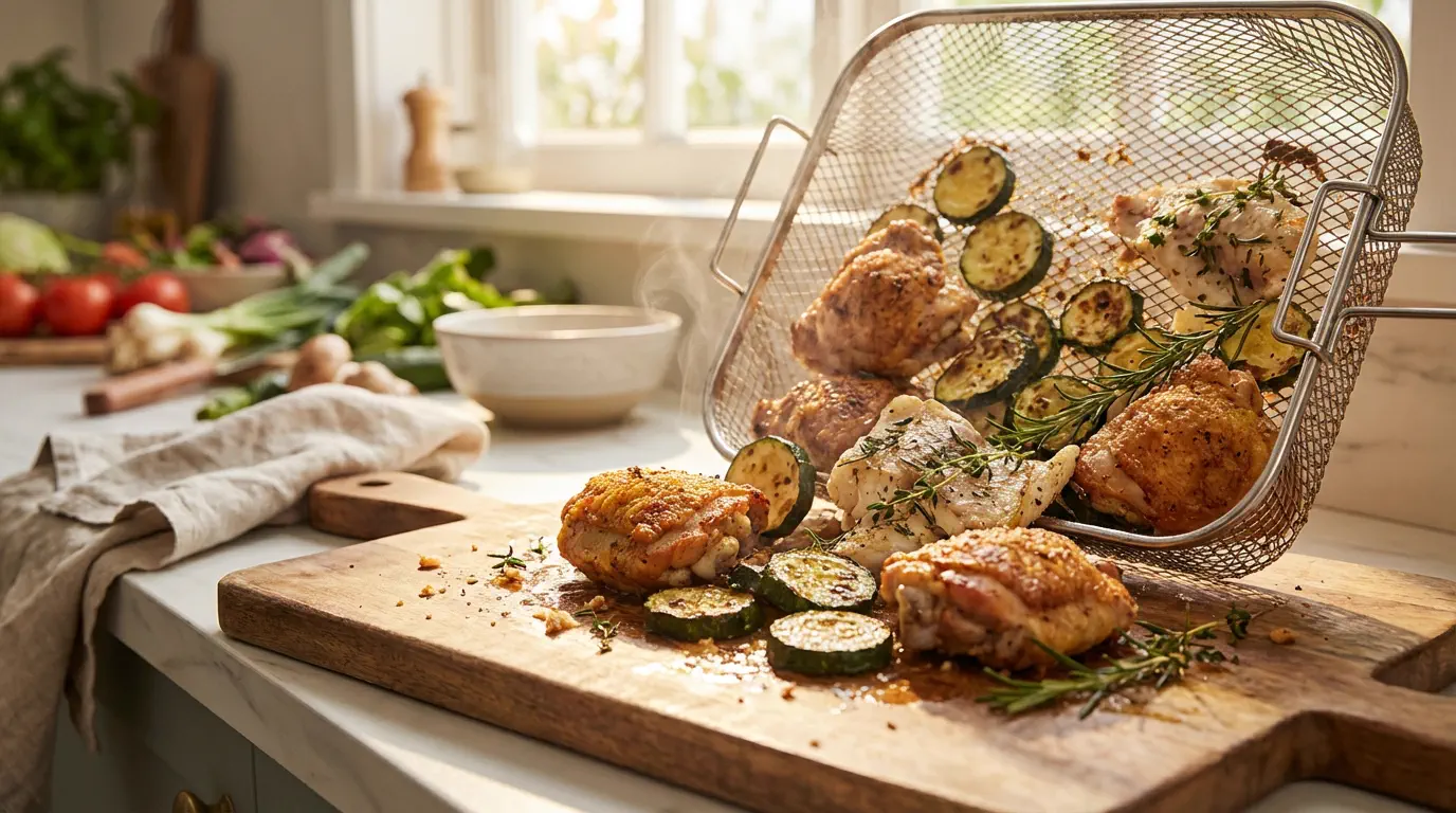 Receitas rápidas na Air Fryer para o dia a dia com coxas de frango crocantes e legumes