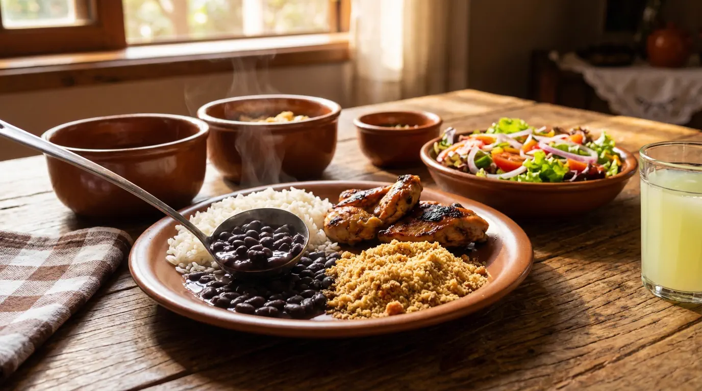 Receitas tradicionais fáceis para família com arroz feijão frango e farofa
