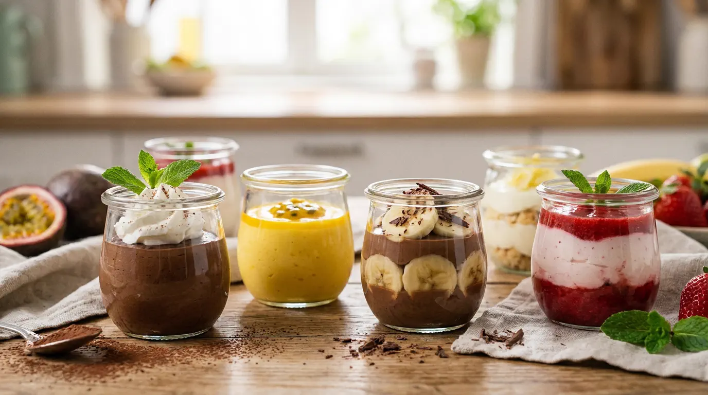 Sobremesas fáceis com 3 ingredientes em potinhos coloridos