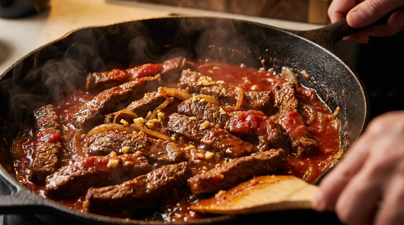Tirinhas de carne com queijo sendo preparadas em panela com molho cremoso