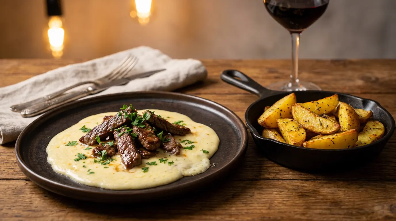Tirinhas de carne com queijo finalizadas com salsinha e batatas rústicas crocantes