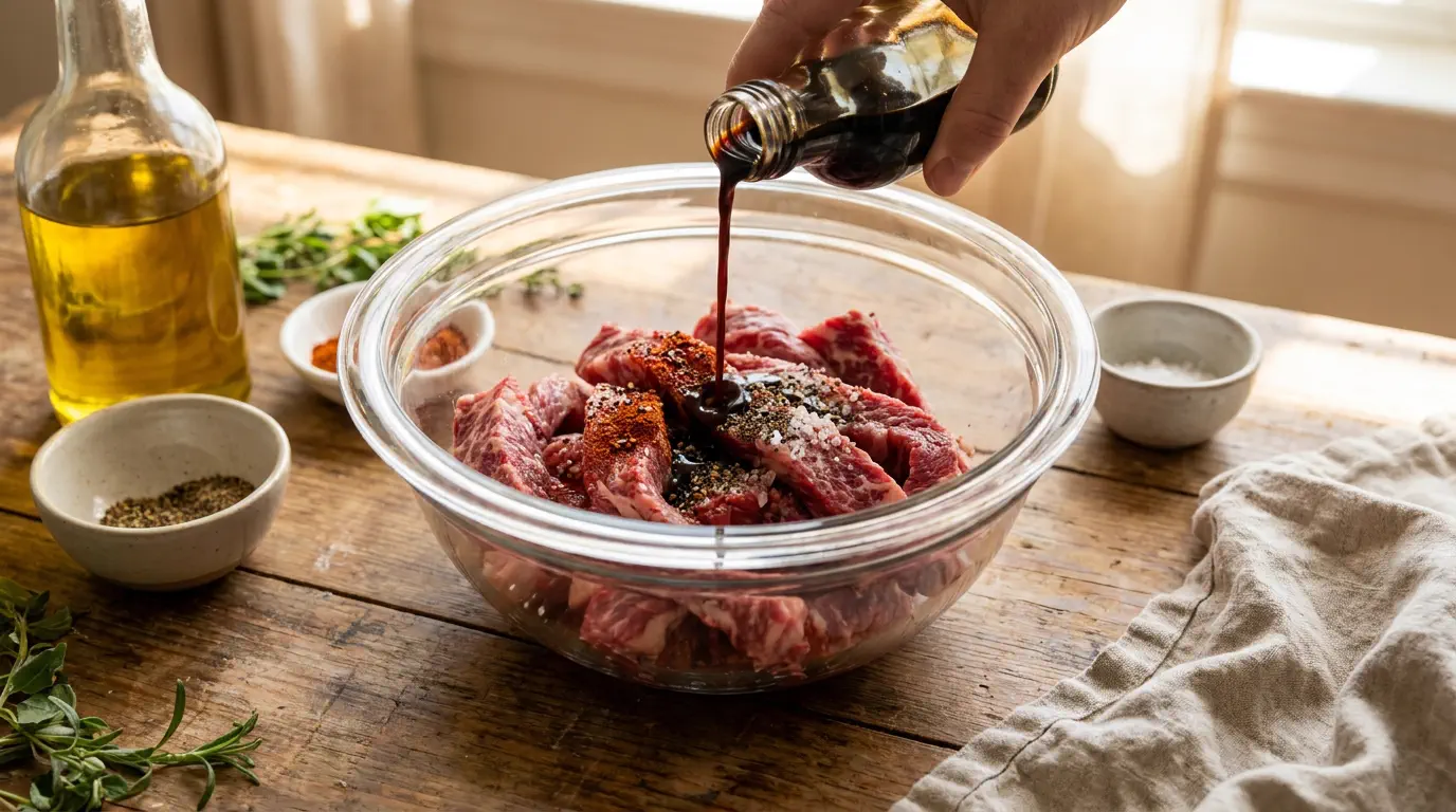 Tirinhas de carne com queijo cremoso servidas com batatas rústicas