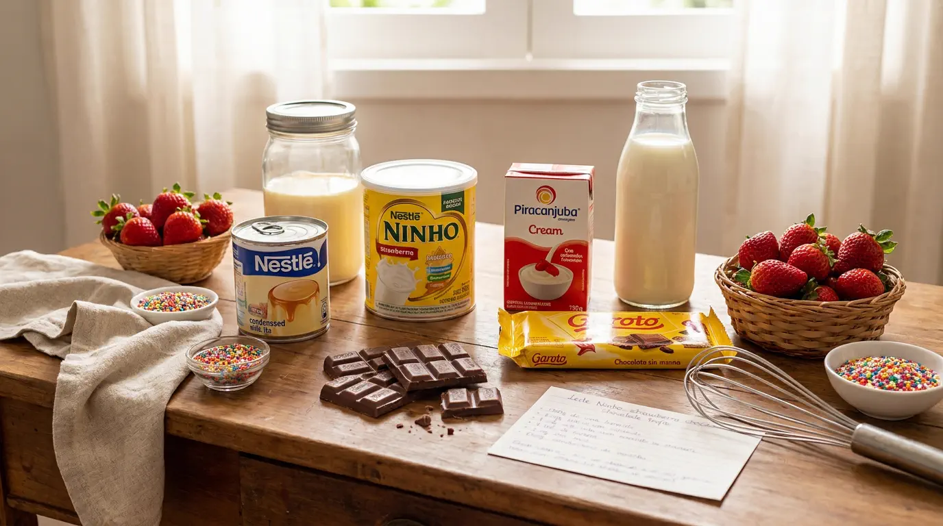bombom de Leite Ninho na travessa cremoso com morangos e chocolate